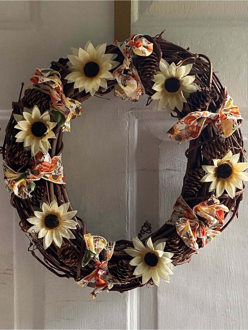 Autumn Sunflower Grapevine Wreath - Cream Sunflowers with Orange Ribbon